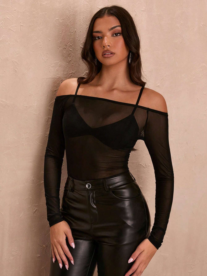 BAE Top atractivo de malla negra para mujeres para vacaciones de verano, de manga larga transparente y diseno de un solo hombro estilo Brasier