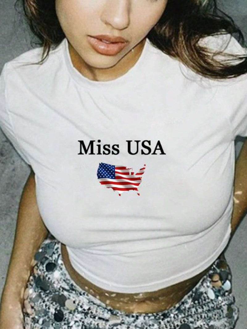 Camiseta casual de verano para mujer con mangas cortas y cuello redondo con estampado de bandera americana y letras