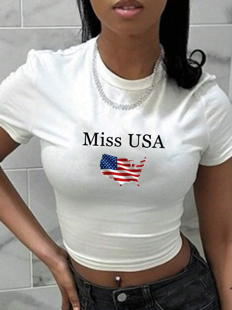 Camiseta casual de verano para mujer con mangas cortas y cuello redondo con estampado de bandera americana y letras