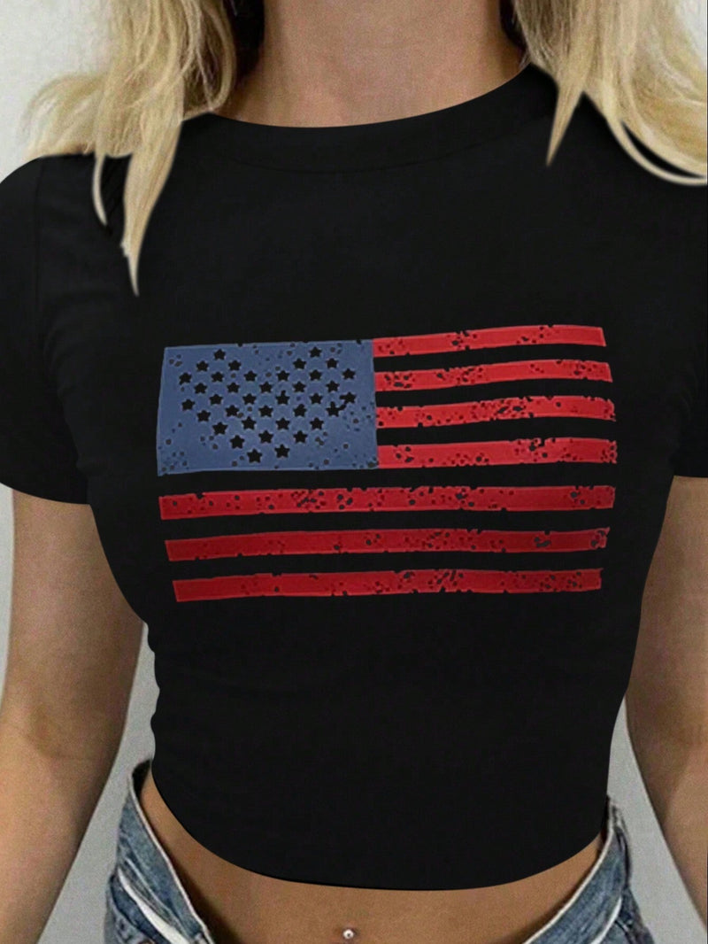 Camiseta de verano para mujer de mangas cortas y cuello redondo con estampado de bandera americana y corte ajustado recortado