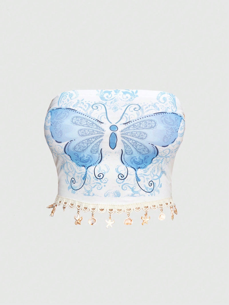 ROMWE Fairycore Top de tubo con estampado de mariposas y colgante de concha para mujer, ideal para vacaciones en la playa durante el verano