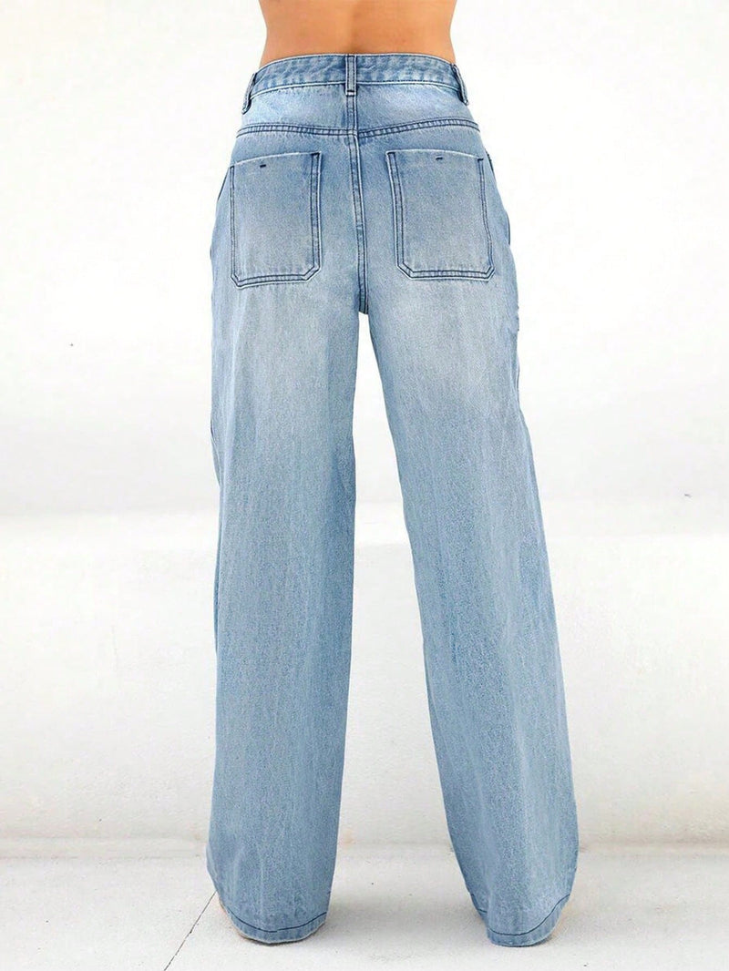 Jeans de pierna recta y corte holgado para mujer con bolsillos, casual