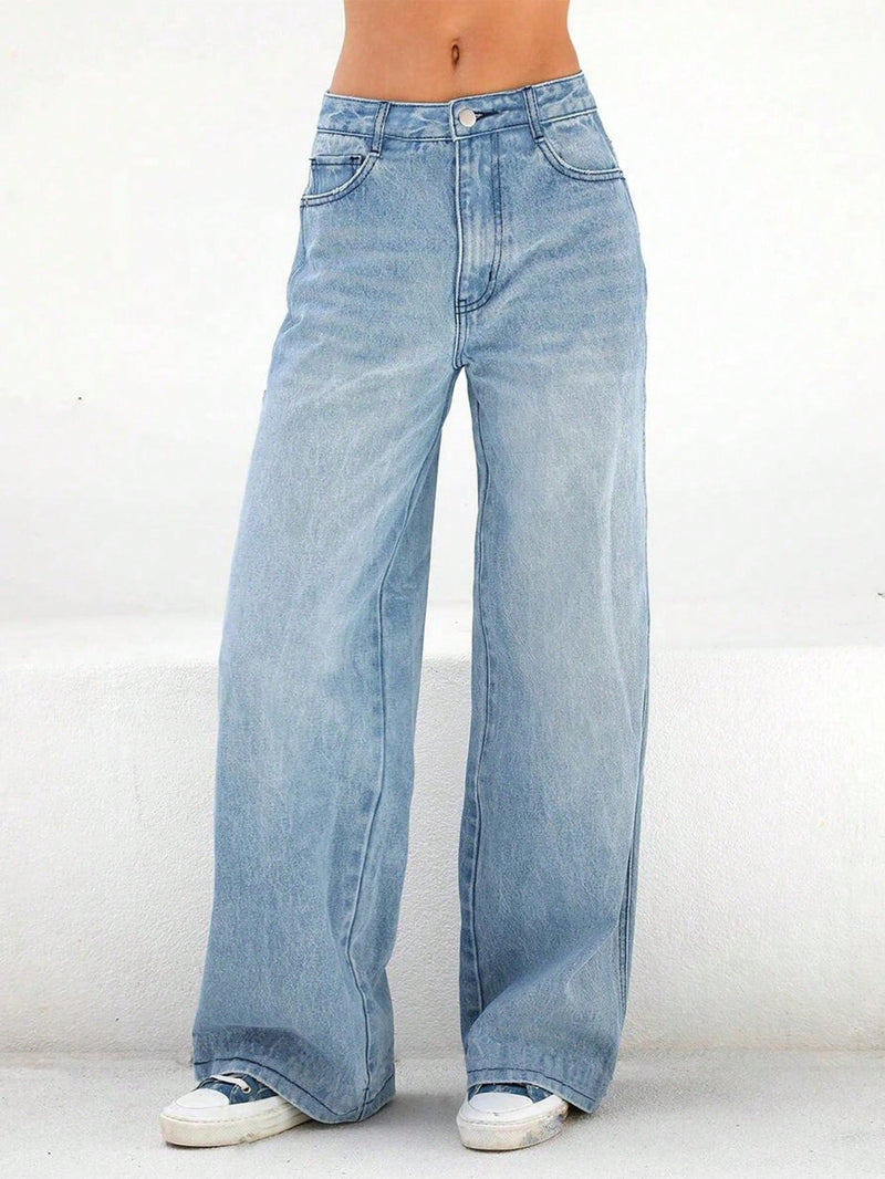 Jeans de pierna recta y corte holgado para mujer con bolsillos, casual