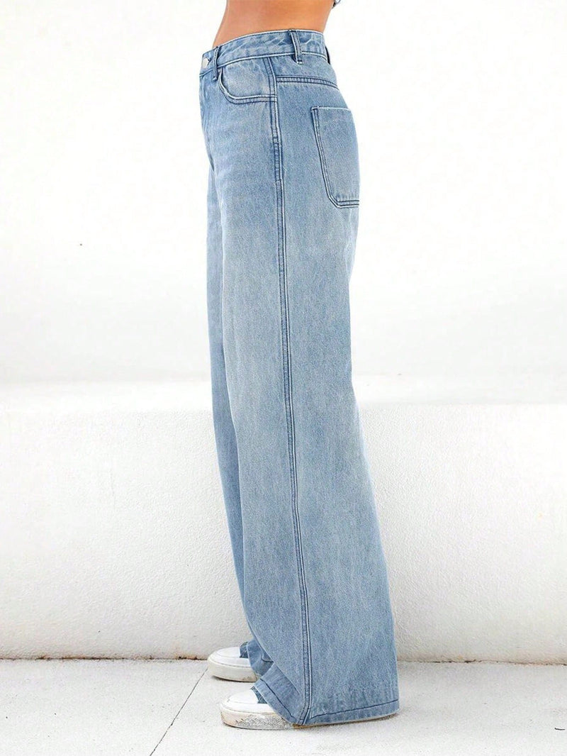 Jeans de pierna recta y corte holgado para mujer con bolsillos, casual