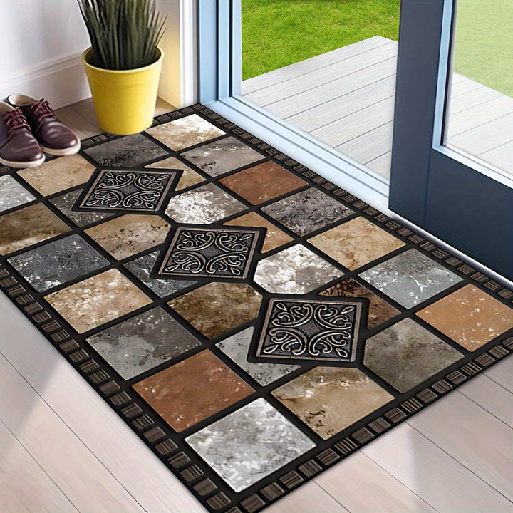 1 alfombra de entrada lavable de poliéster, respaldo de goma, diseño de diamante dorado y piedra roja, ideal para hogar, jardín y sala, disponible en varios tamaños: 19x31, 23.6x35.4, 31x47, 47x62 pulgadas - perfecta para decoración rústica