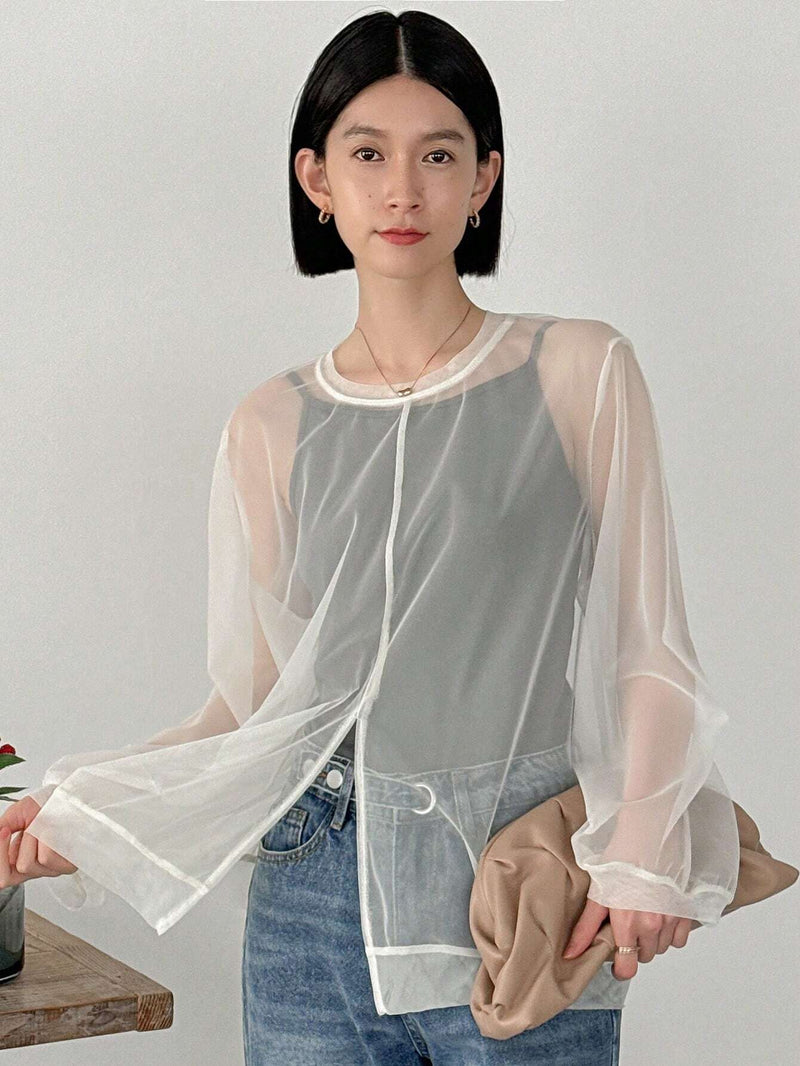 FRIFUL Designer CamiConjuntoa de manga larga para mujer, de unicolor, cuello redondo y tejido transparente para el verano.