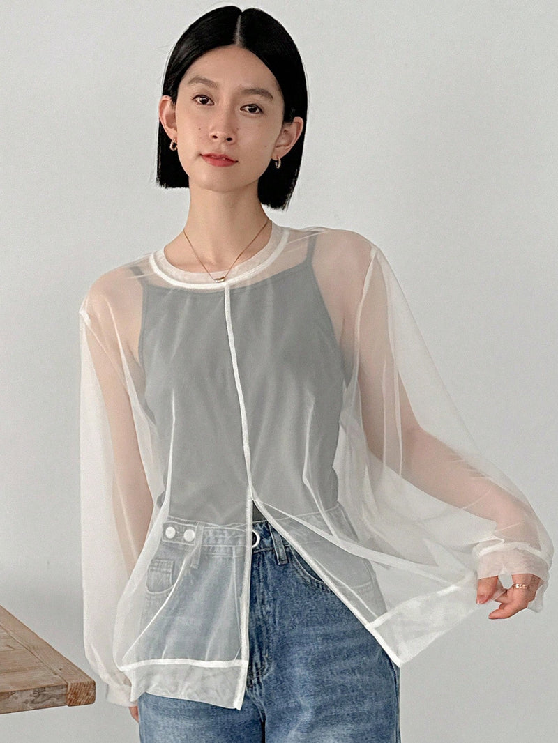 FRIFUL Designer CamiConjuntoa de manga larga para mujer, de unicolor, cuello redondo y tejido transparente para el verano.