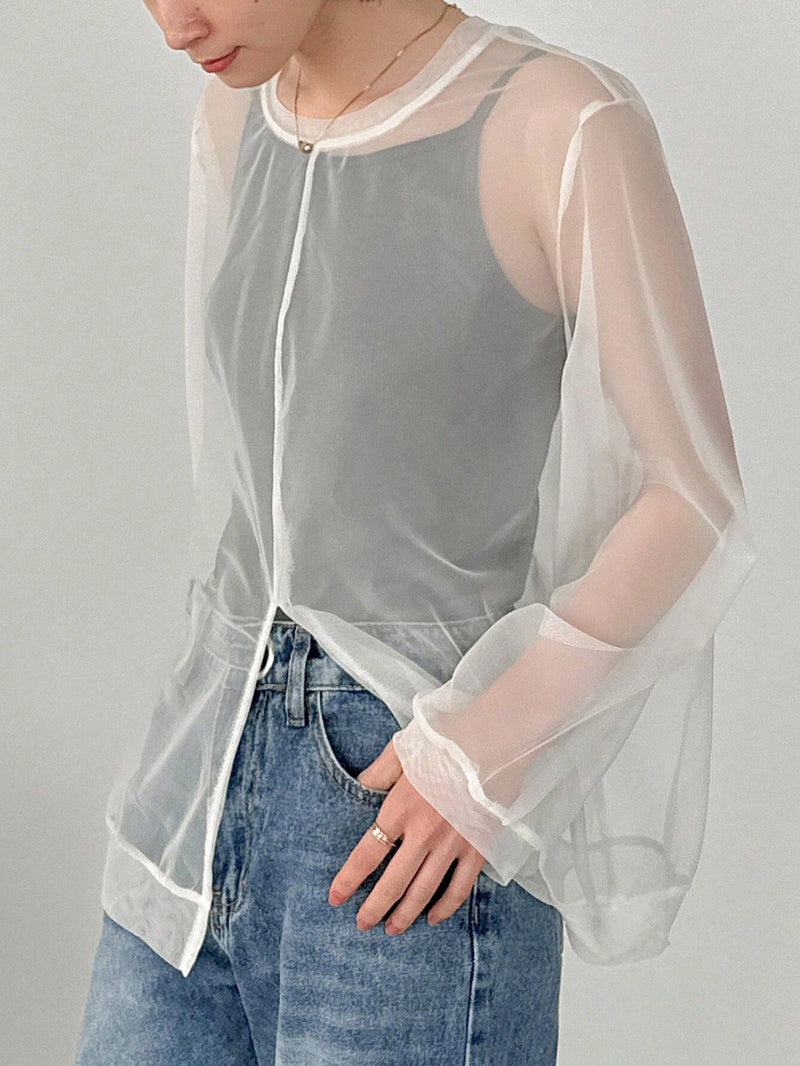 FRIFUL Designer CamiConjuntoa de manga larga para mujer, de unicolor, cuello redondo y tejido transparente para el verano.