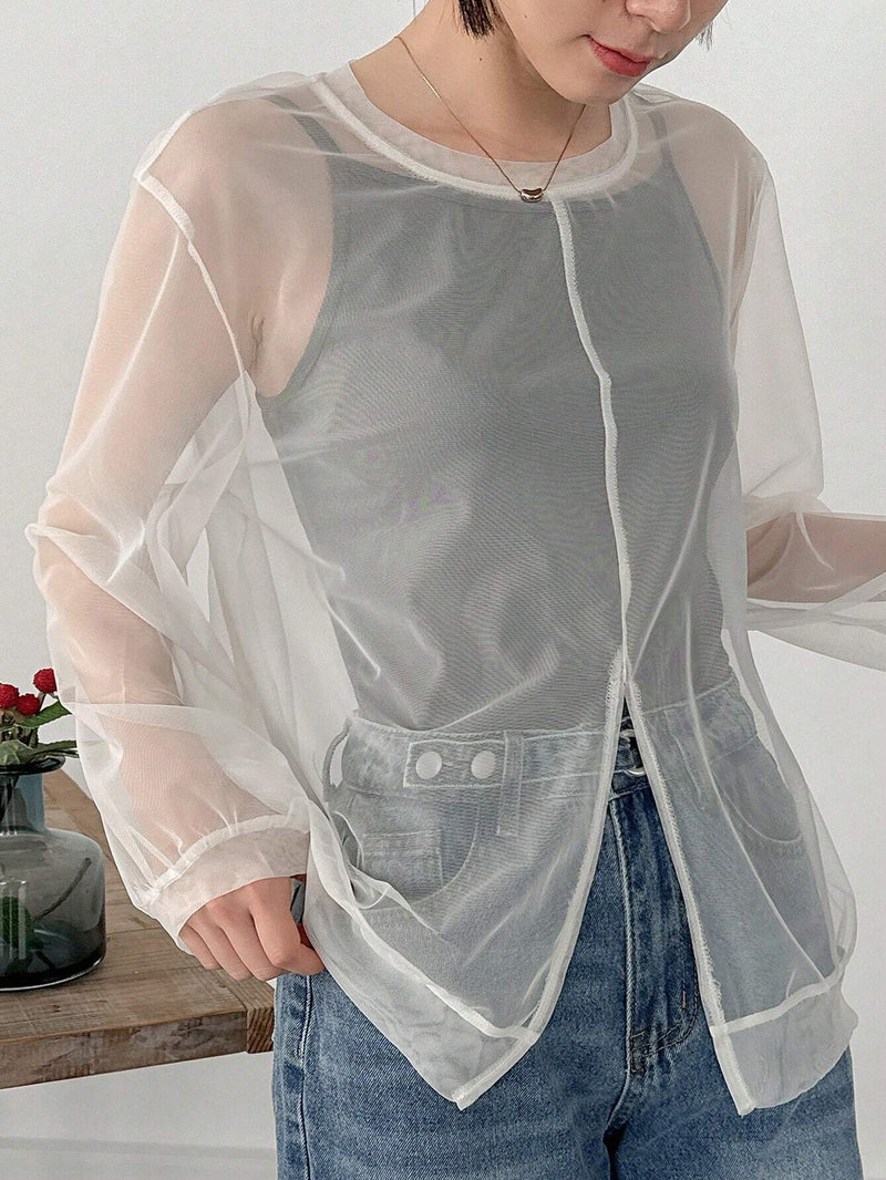 FRIFUL Designer CamiConjuntoa de manga larga para mujer, de unicolor, cuello redondo y tejido transparente para el verano.