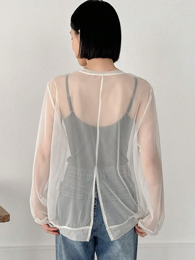 FRIFUL Designer CamiConjuntoa de manga larga para mujer, de unicolor, cuello redondo y tejido transparente para el verano.