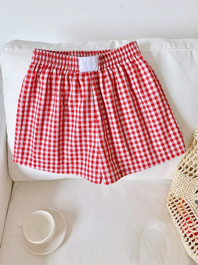 EZwear Shorts de moda rojos a cuadros tejidos para mujer