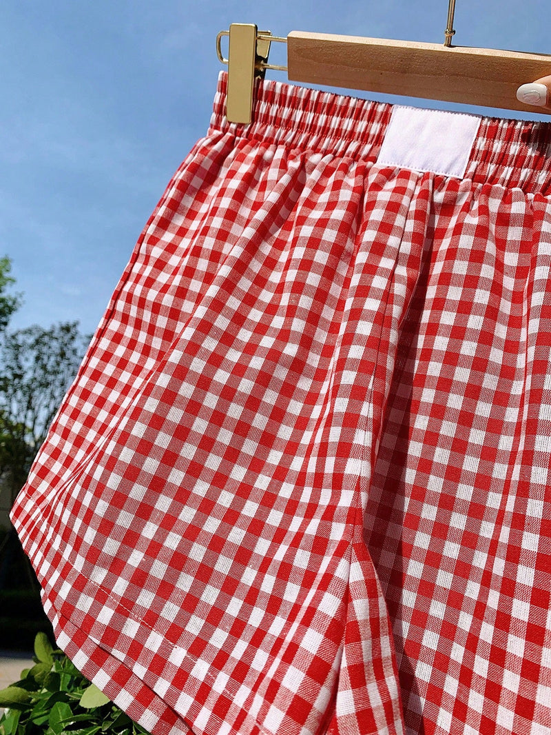 EZwear Shorts de moda rojos a cuadros tejidos para mujer