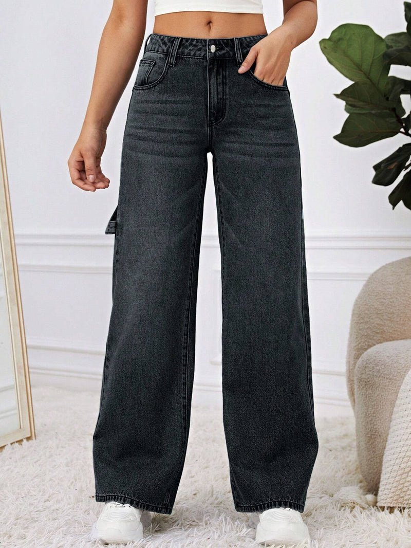 EZwear Pantalones Jeans de pierna ancha, holgados y casuales, con bolsillos para mujeres, para uso diario