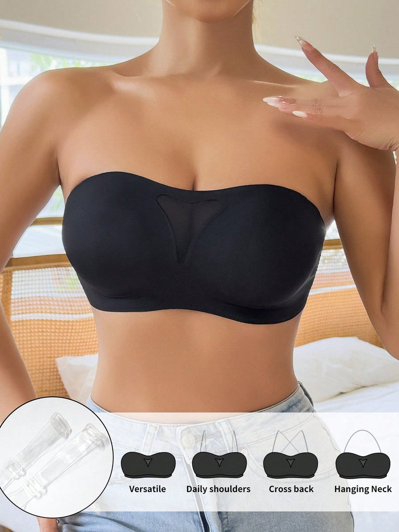 NEW Sujetador sin costuras y sin tirantes para mujer, sexy sujetador bandeau de malla calado con correas de hombro transparentes