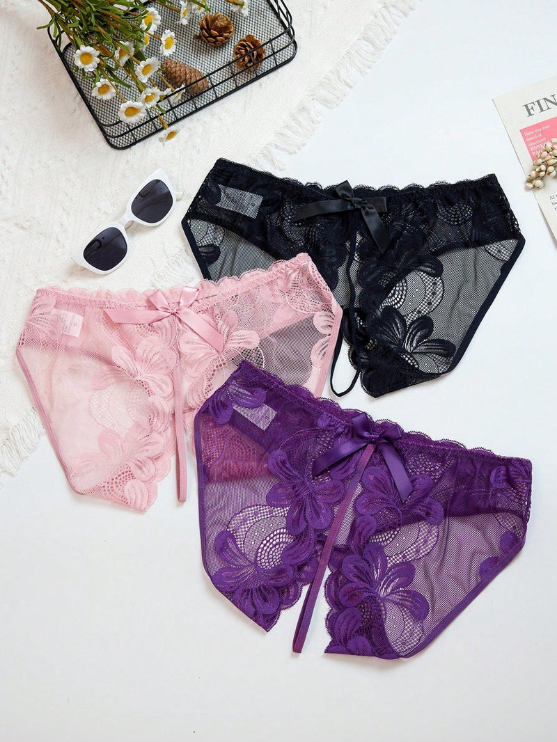 Conjunto de 3 piezas de Tangas sexys de encaje y malla con entrepierna abierta para mujer