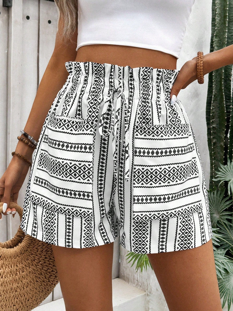 VCAY Shorts holgados de mujer con diseno de estampado geometrico, ribete de volantes, cintura ajustable con lazo