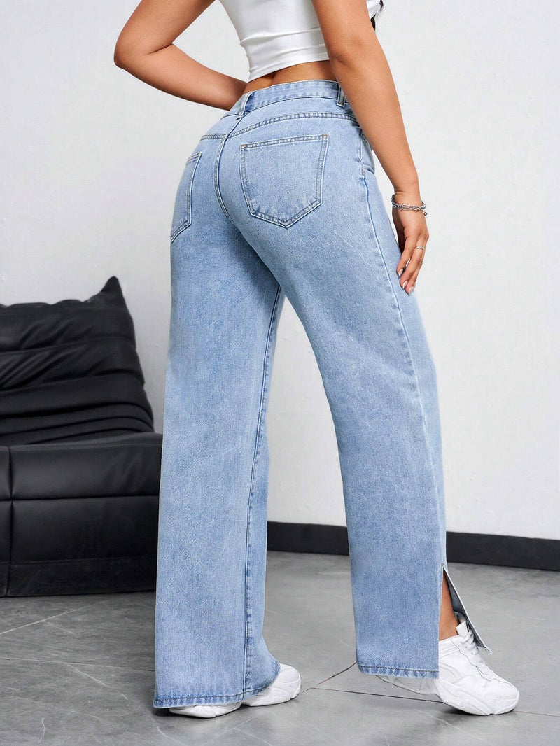 EZwear Jeans de pierna recta para mujer con bolsillos, cortes laterales y ajuste holgado