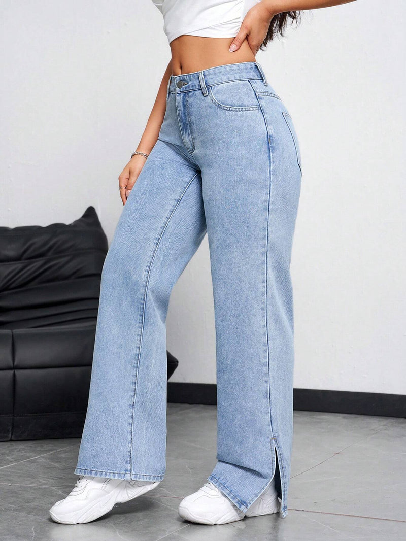 EZwear Jeans de pierna recta para mujer con bolsillos, cortes laterales y ajuste holgado