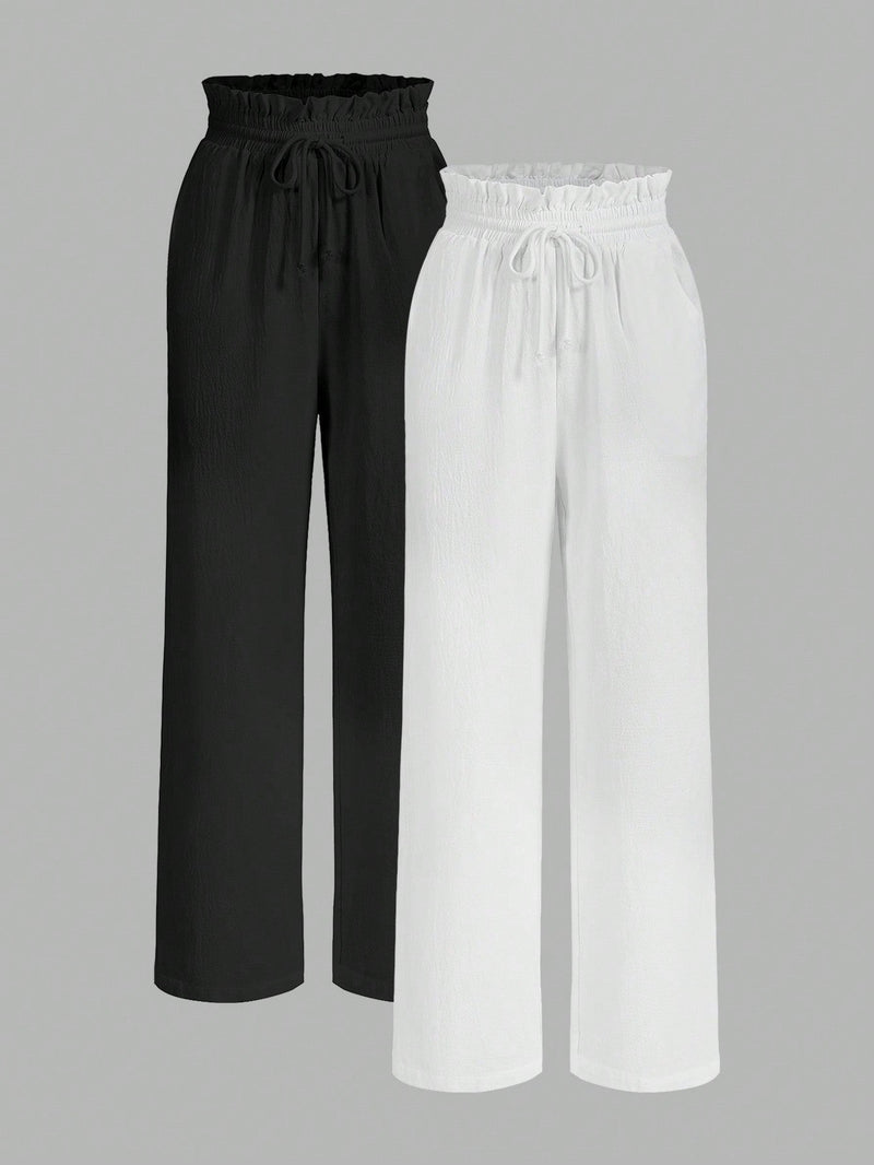 Frenchy pantalones casuales de unicolor negro y blanco con cordon en la cintura para mujeres, conjunto de 2 en la cintura con bolsillos y piernas rectas con cintura de papel para cocteles, bodas, graduaciones, fiestas de te, regreso a casa,