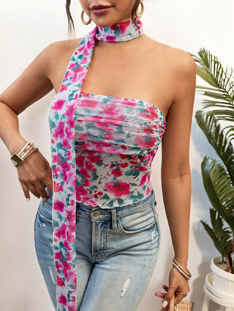 VCAY Top Brasier sin tirantes de malla floral con lazo en el cuello