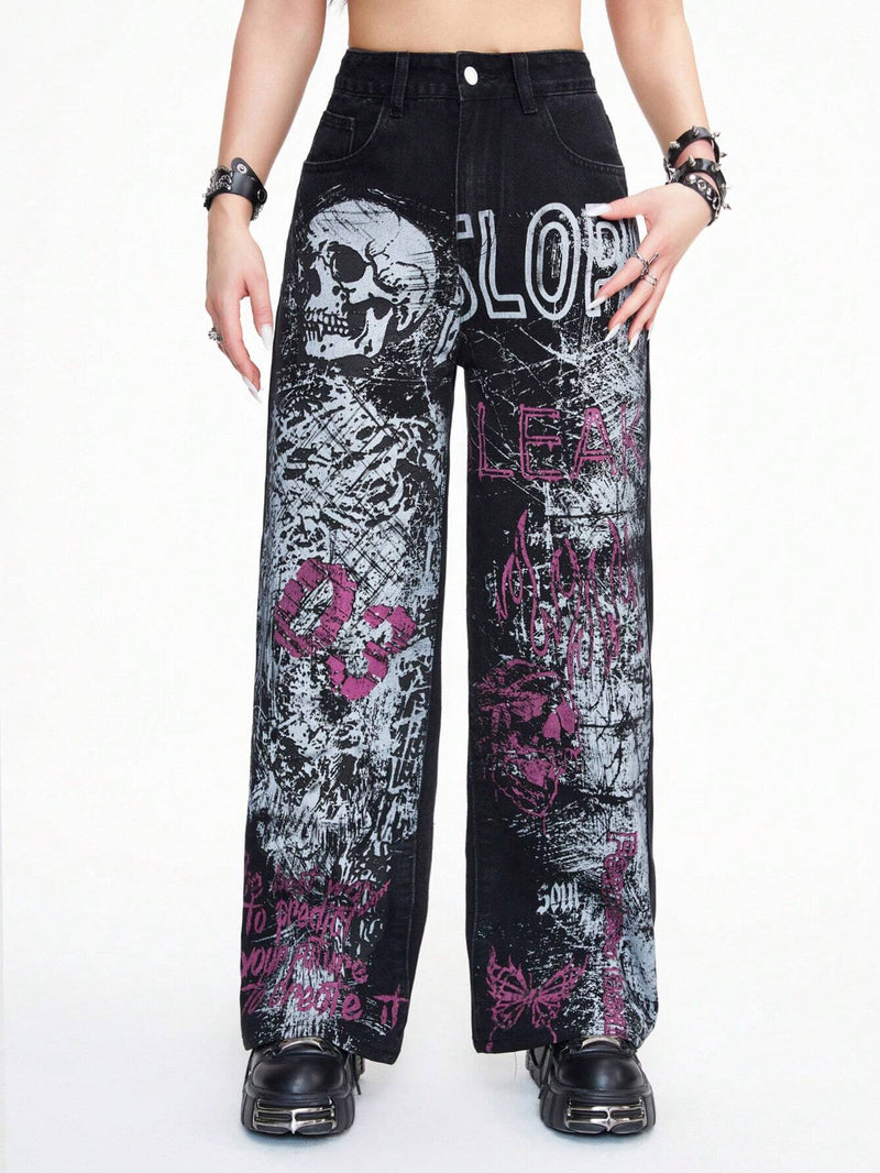 ROMWE Grunge Punk Jeans para mujer de estilo informal de pierna recta con estampado digital de eslogan de palabras, diseno fresco de estilo Punk de calle con llama de craneo y apariencia desgastada de estilo vintage