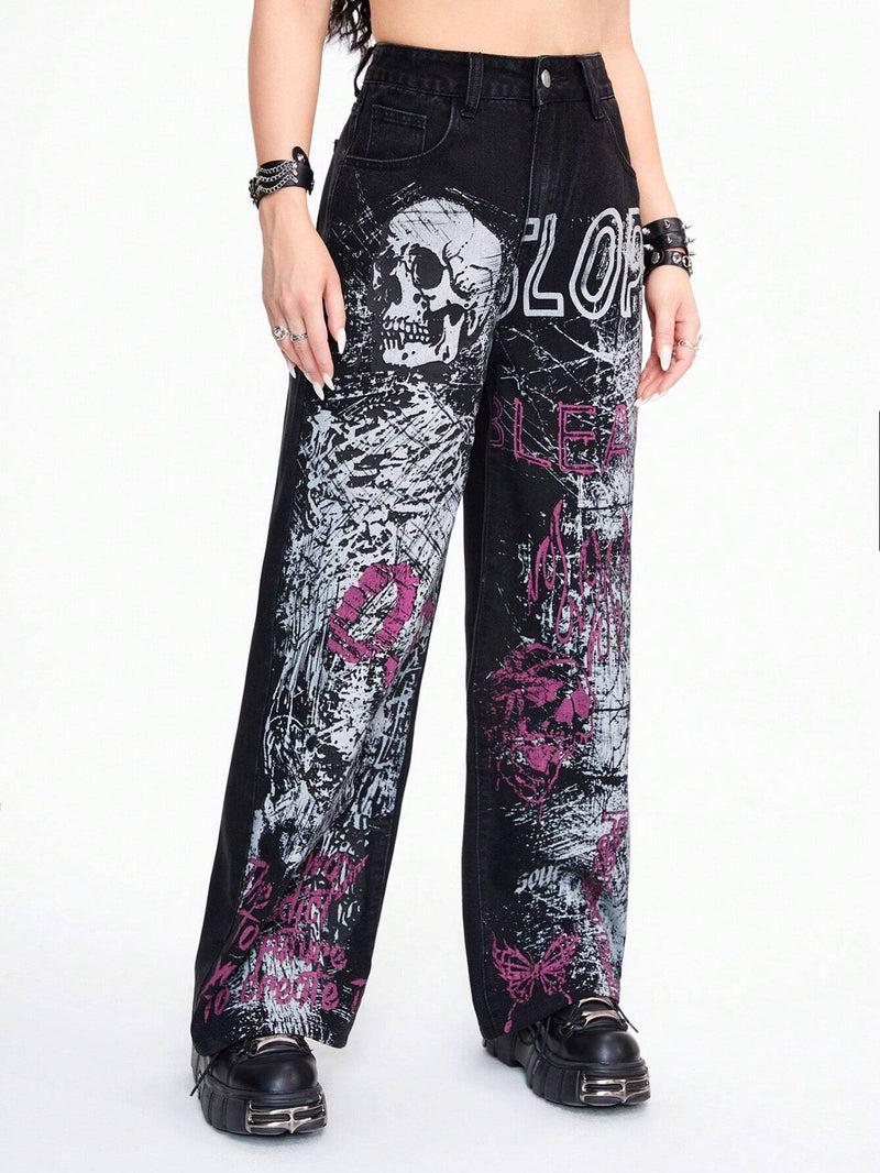 ROMWE Grunge Punk Jeans para mujer de estilo informal de pierna recta con estampado digital de eslogan de palabras, diseno fresco de estilo Punk de calle con llama de craneo y apariencia desgastada de estilo vintage