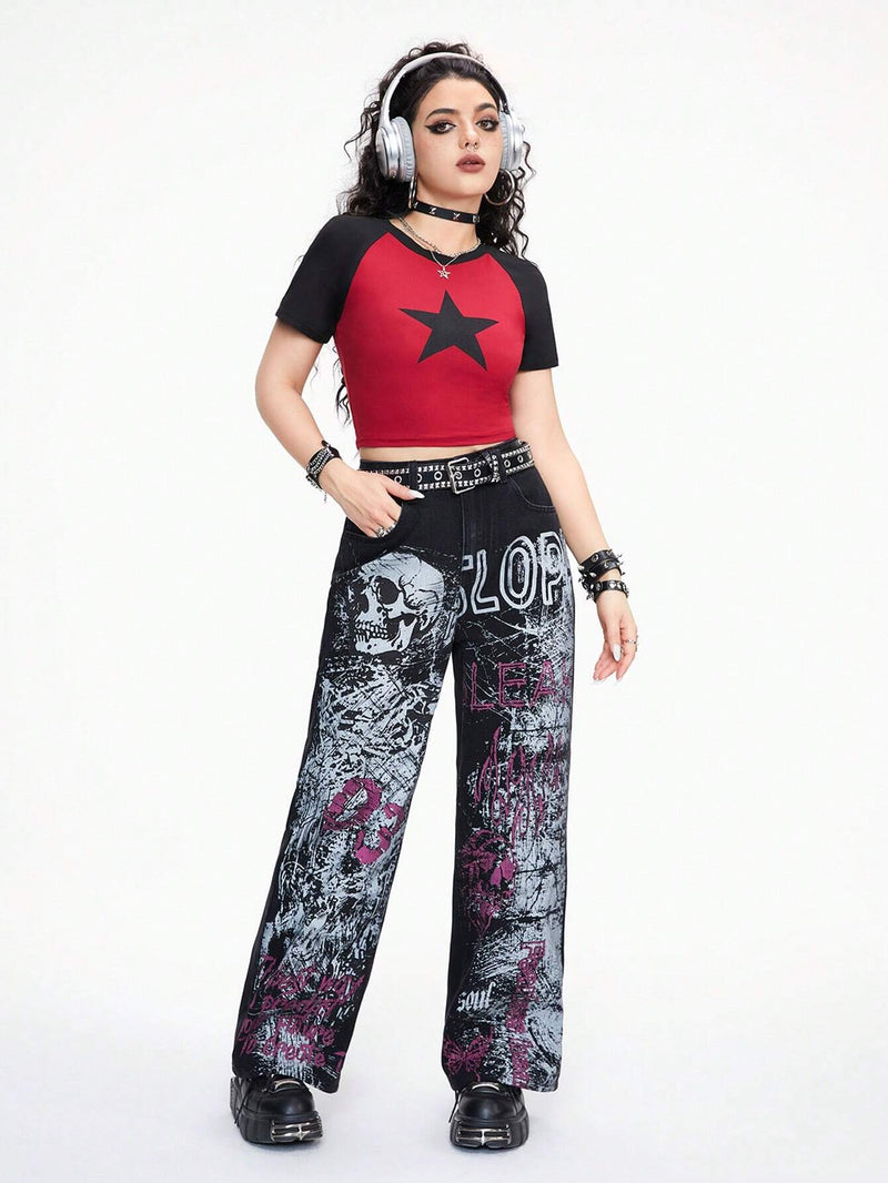 ROMWE Grunge Punk Jeans para mujer de estilo informal de pierna recta con estampado digital de eslogan de palabras, diseno fresco de estilo Punk de calle con llama de craneo y apariencia desgastada de estilo vintage