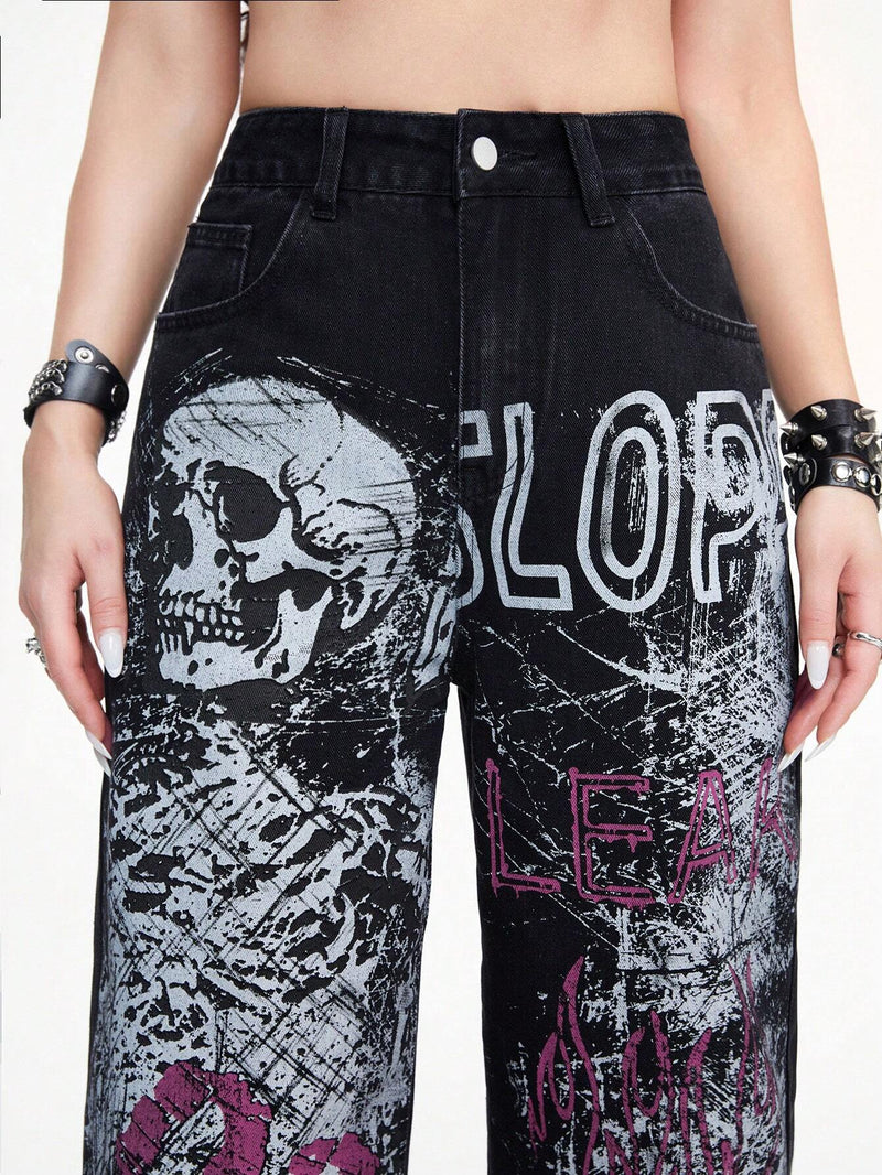 ROMWE Grunge Punk Jeans para mujer de estilo informal de pierna recta con estampado digital de eslogan de palabras, diseno fresco de estilo Punk de calle con llama de craneo y apariencia desgastada de estilo vintage