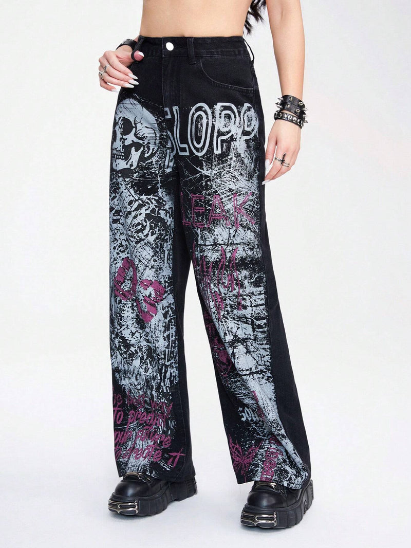 ROMWE Grunge Punk Jeans para mujer de estilo informal de pierna recta con estampado digital de eslogan de palabras, diseno fresco de estilo Punk de calle con llama de craneo y apariencia desgastada de estilo vintage