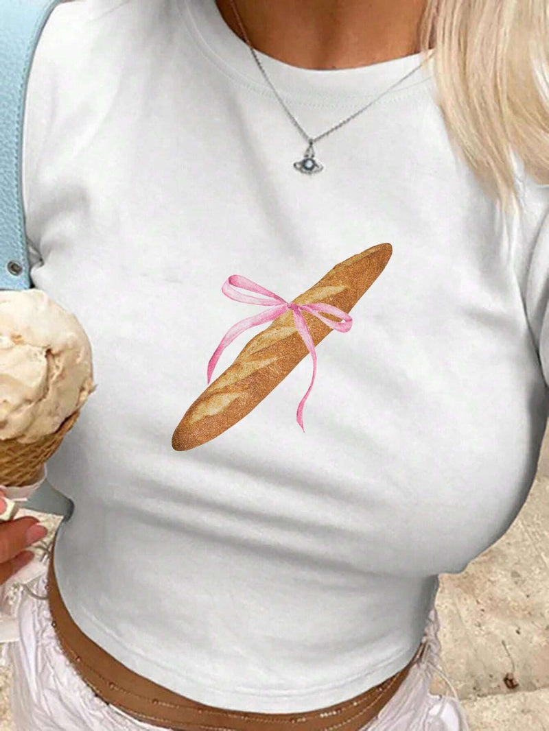 Camiseta casual de mujer de verano con estampado de pan y mangas cortas con cuello redondo