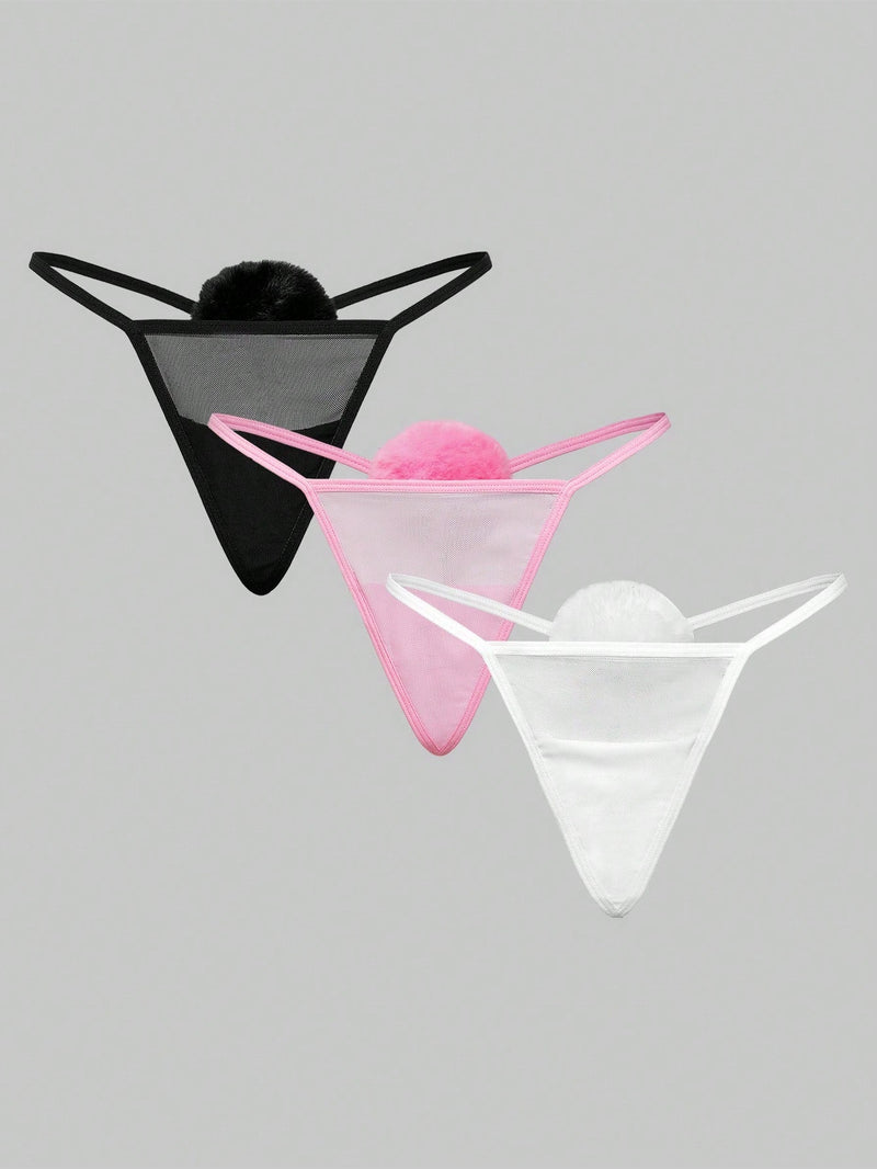 ROMWE Kawaii Conjunto de 3 piezas de tanga sexy con pompon de cola de conejo puro