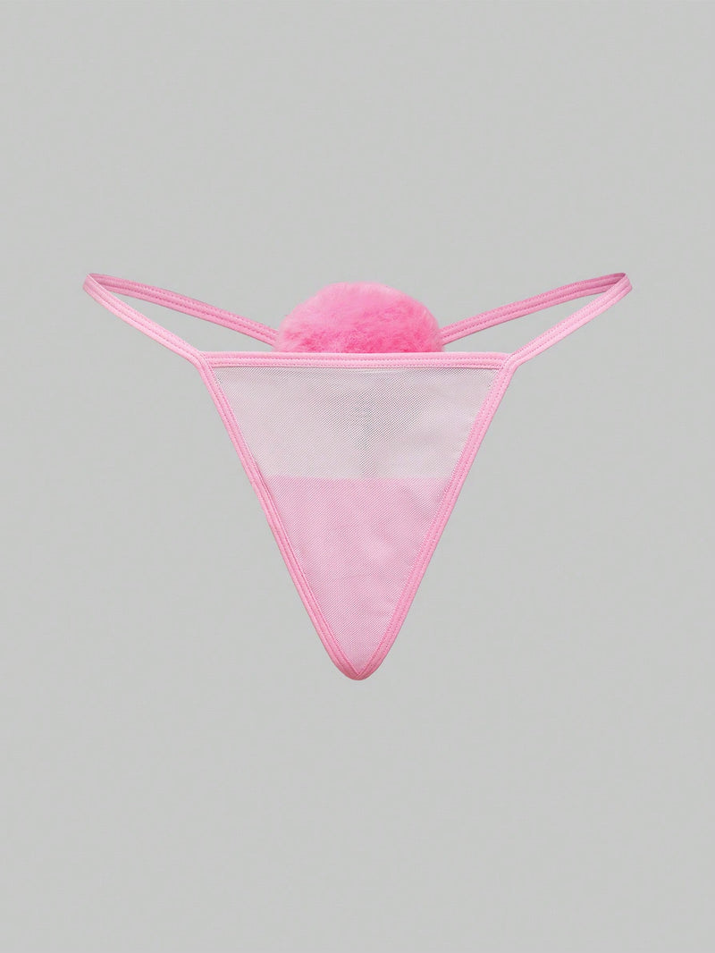 ROMWE Kawaii Conjunto de 3 piezas de tanga sexy con pompon de cola de conejo puro