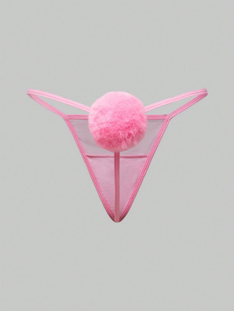 ROMWE Kawaii Conjunto de 3 piezas de tanga sexy con pompon de cola de conejo puro