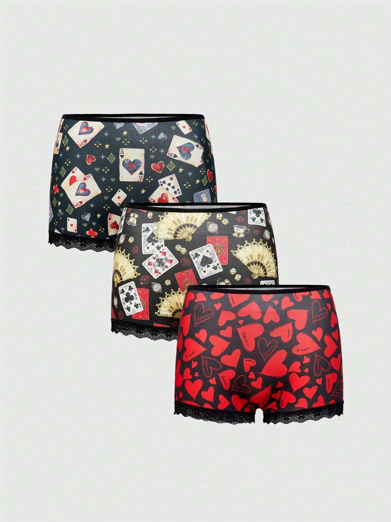 ROMWE J-Fashion Conjunto de 3 piezas de braguitas para mujeres con estampado de corazon y poker, parche de encaje y pierna cuadrada