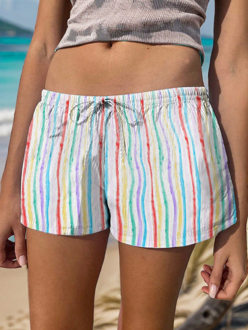 EZwear Atuendo de vacaciones playeras para mujer, Shorts coloridos a rayas de primavera/verano