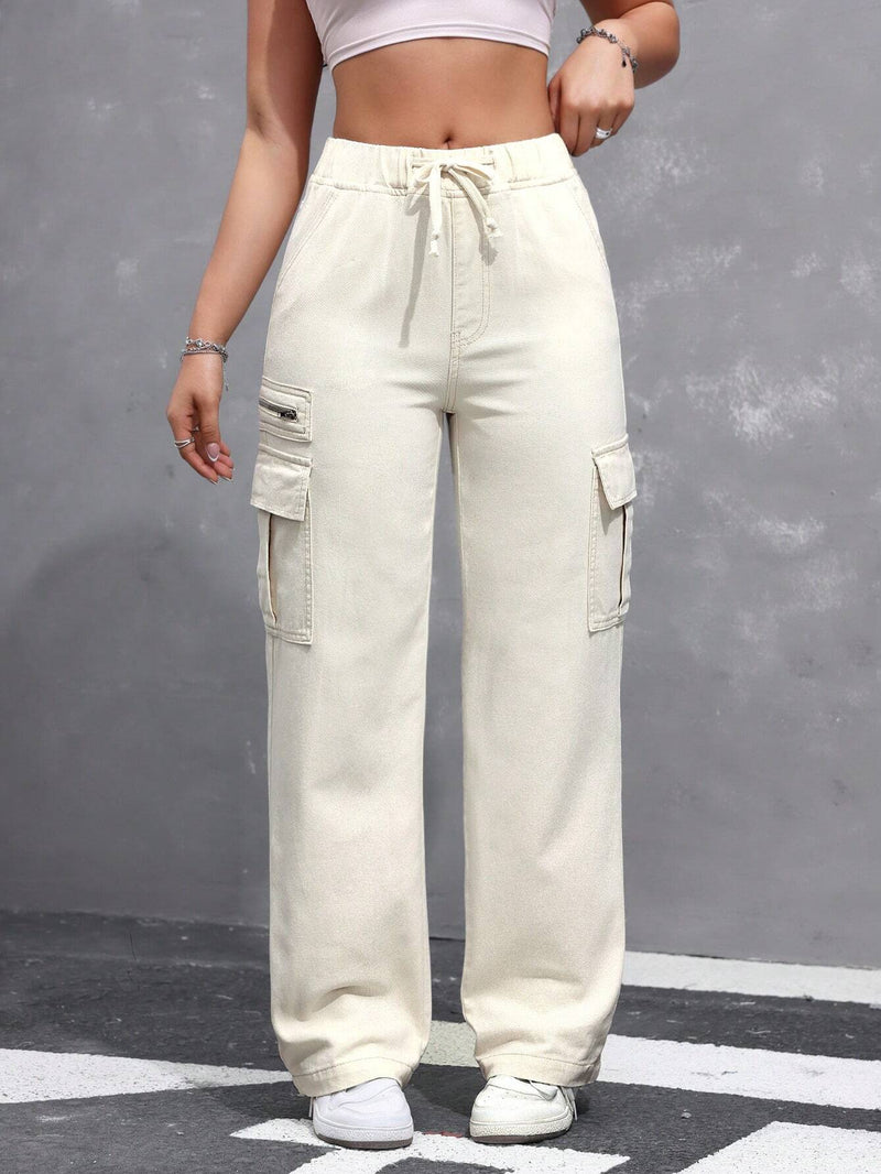 EZwear Jeans casuales de pierna recta y ajuste holgado para damas con cintura de cordon y bolsillos laterales