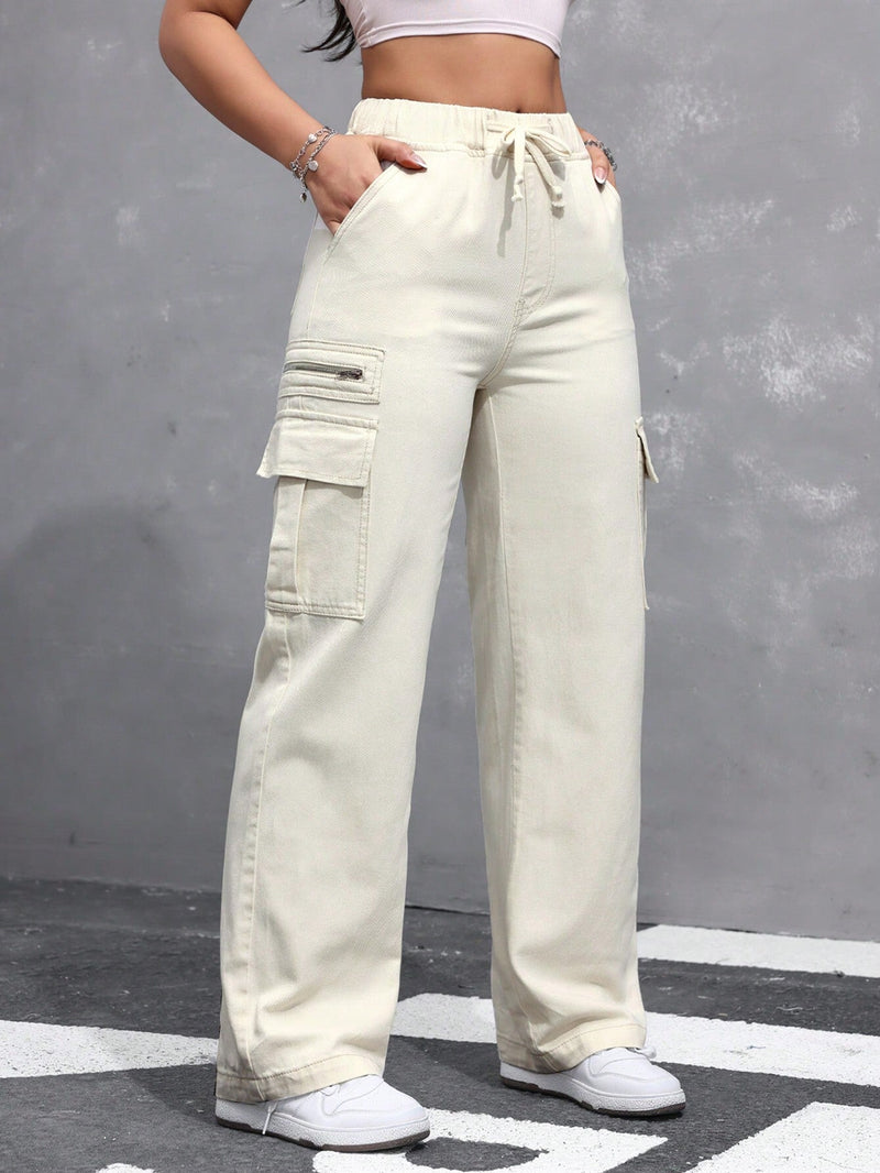 EZwear Jeans casuales de pierna recta y ajuste holgado para damas con cintura de cordon y bolsillos laterales