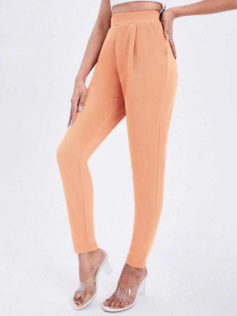 Essnce Pantalones informales de color liso y elasticos de cintura alta con pliegues y bolsillos para mujer