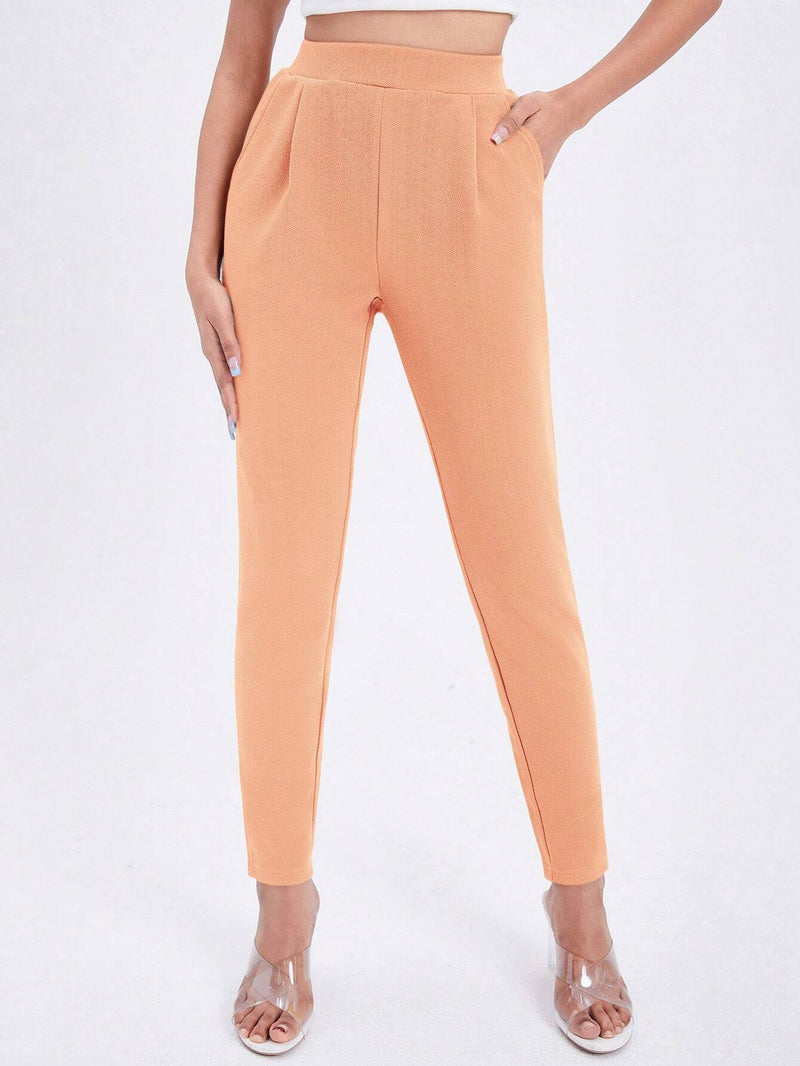 Essnce Pantalones informales de color liso y elasticos de cintura alta con pliegues y bolsillos para mujer