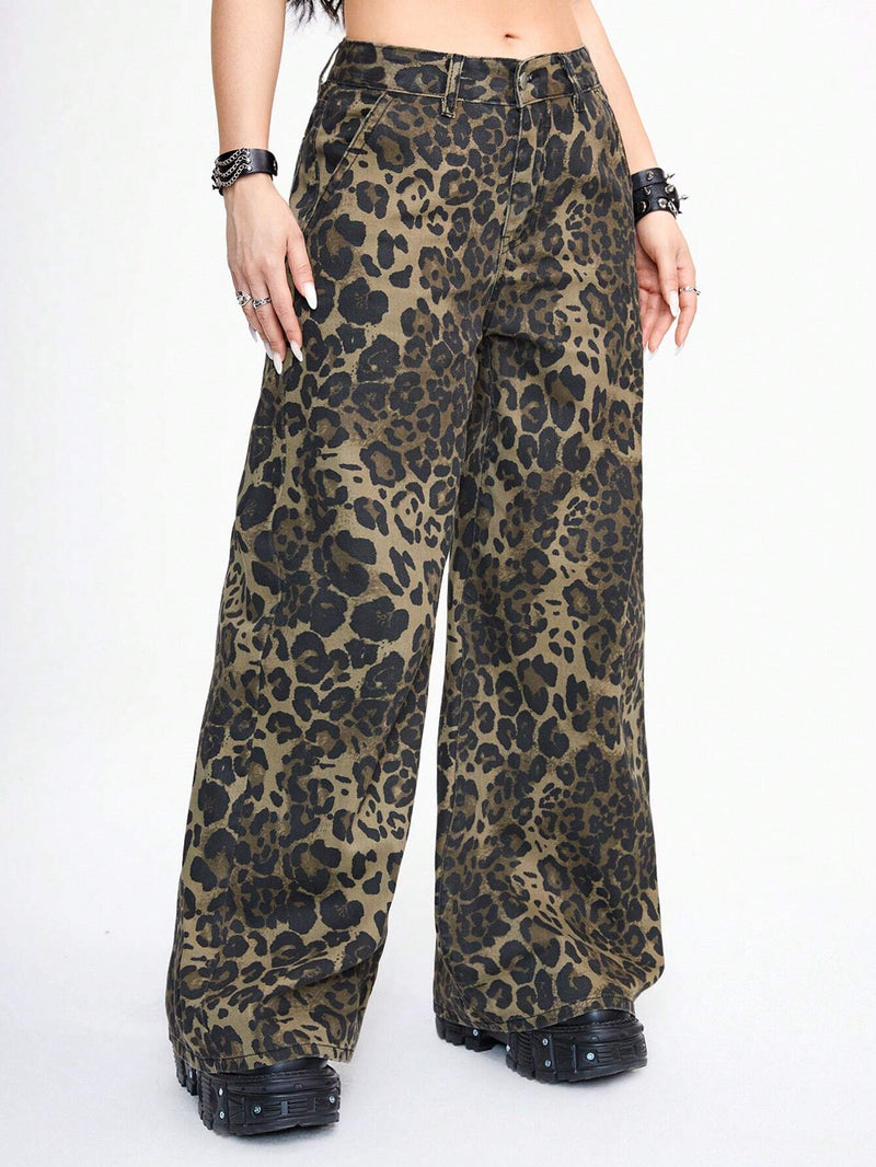 ROMWE Grunge Punk Jeans casuales Y2K de longitud completa con estampado de leopardo y pierna ancha para mujeres