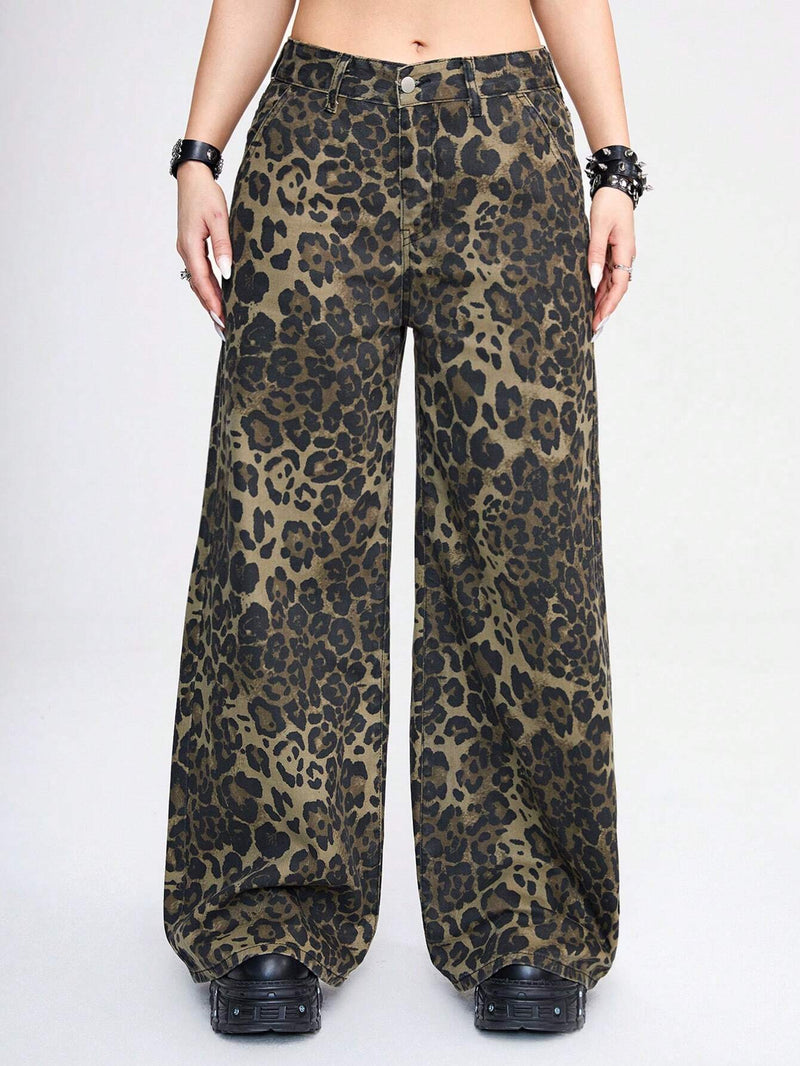 ROMWE Grunge Punk Jeans casuales Y2K de longitud completa con estampado de leopardo y pierna ancha para mujeres