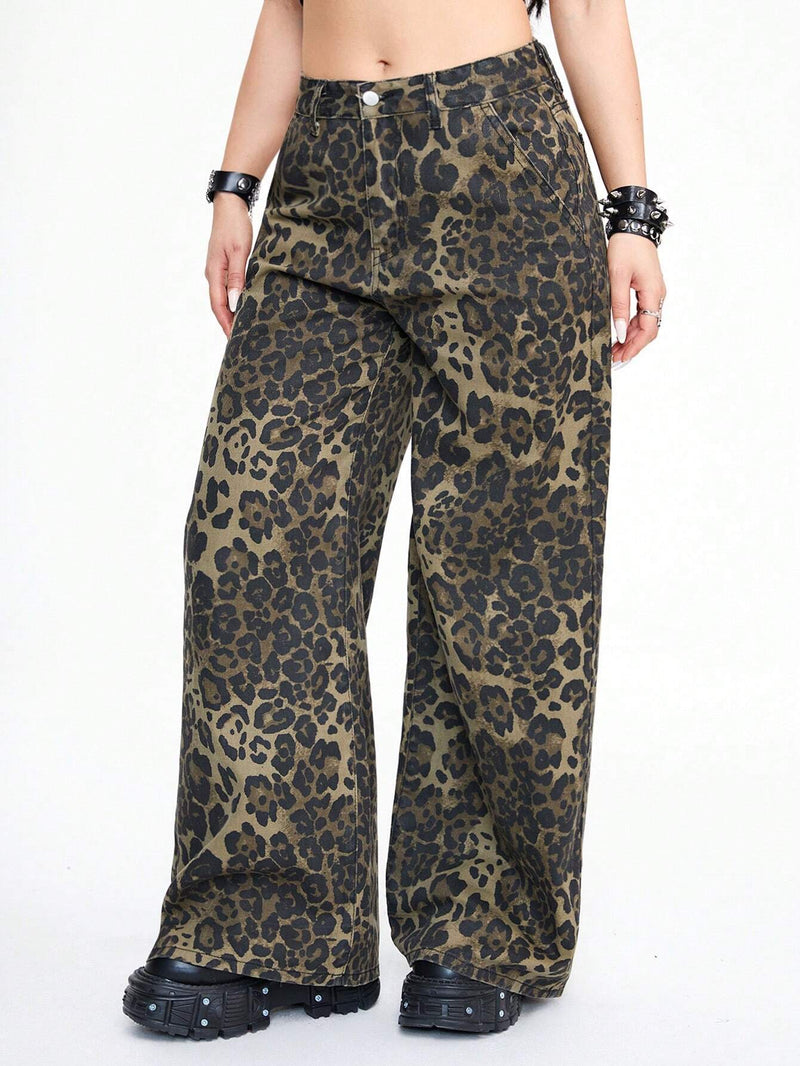 ROMWE Grunge Punk Jeans casuales Y2K de longitud completa con estampado de leopardo y pierna ancha para mujeres