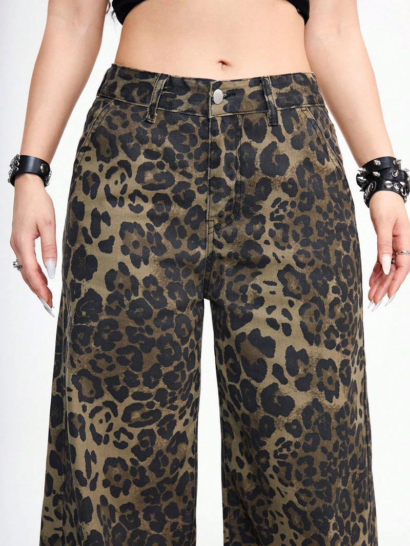 ROMWE Grunge Punk Jeans casuales Y2K de longitud completa con estampado de leopardo y pierna ancha para mujeres