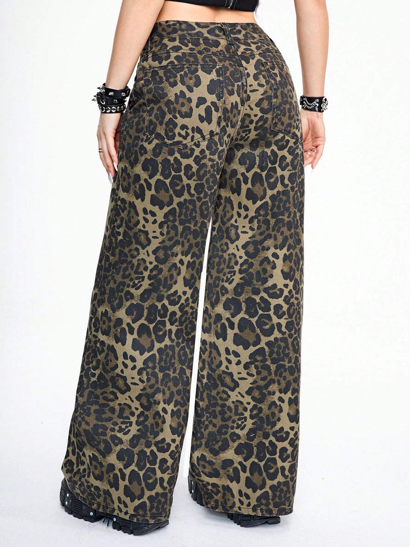 ROMWE Grunge Punk Jeans casuales Y2K de longitud completa con estampado de leopardo y pierna ancha para mujeres