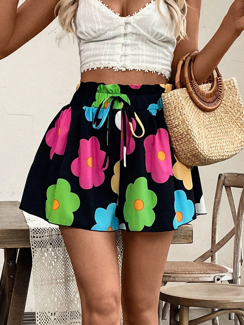 VCAY Shorts de mujer con estampado de plumeria (estampado aleatorio)