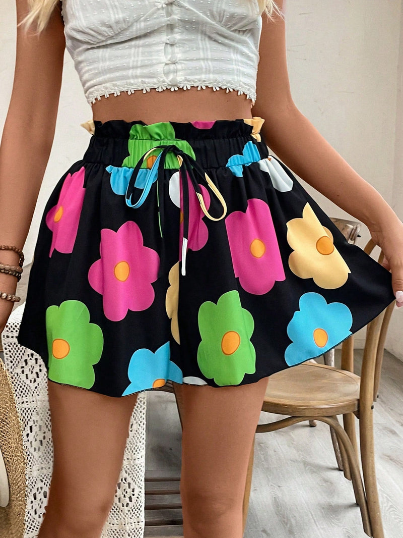 VCAY Shorts de mujer con estampado de plumeria (estampado aleatorio)