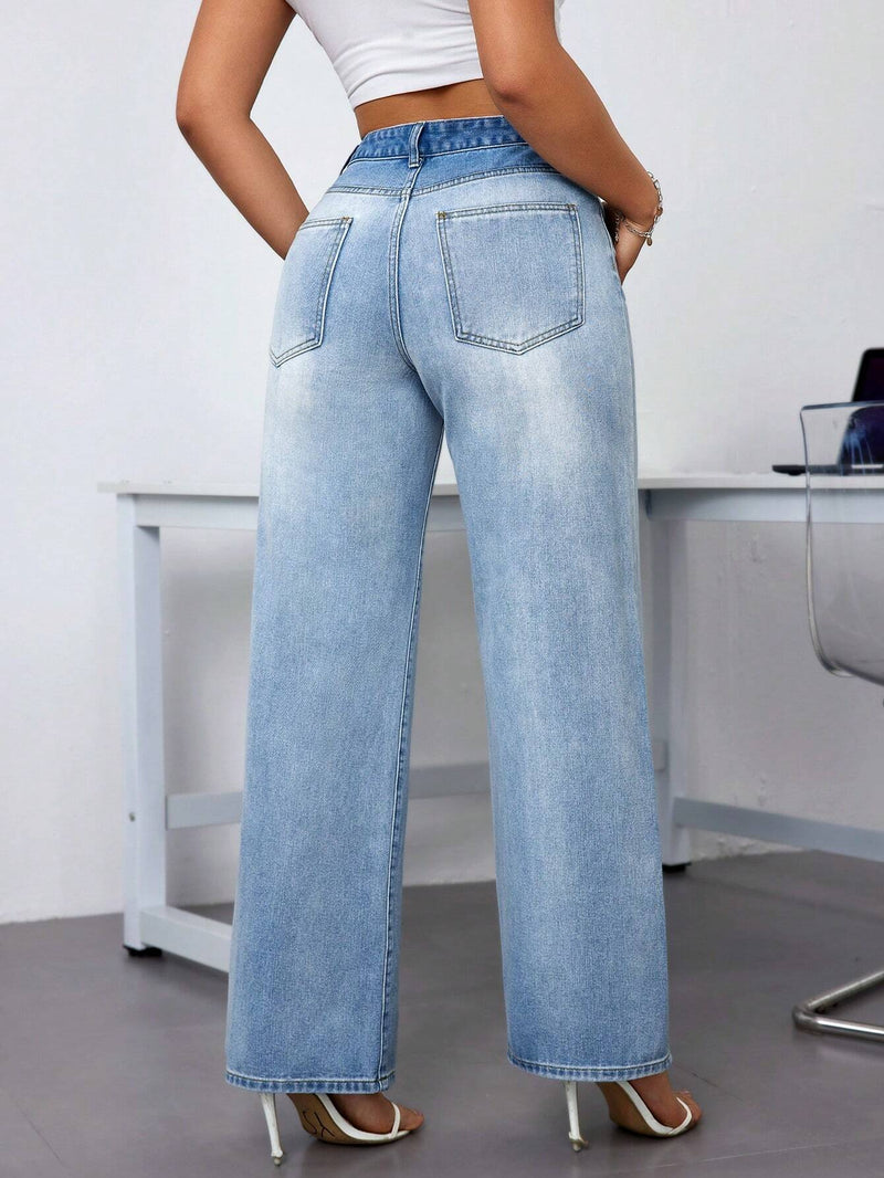 Essnce Pantalones Jeans de pierna ancha para mujeres con bolsillos, sueltos, de moda y casuales