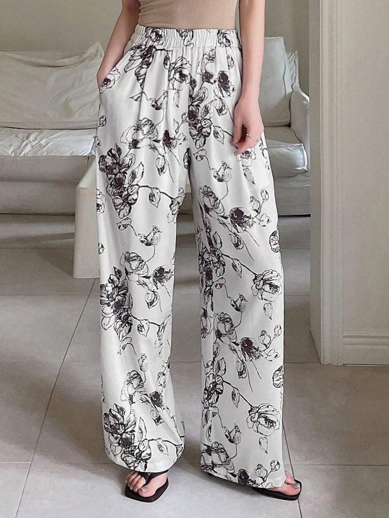 Dazy Designer Pantalones largos de sensacion de diseno floral al azar para mujer