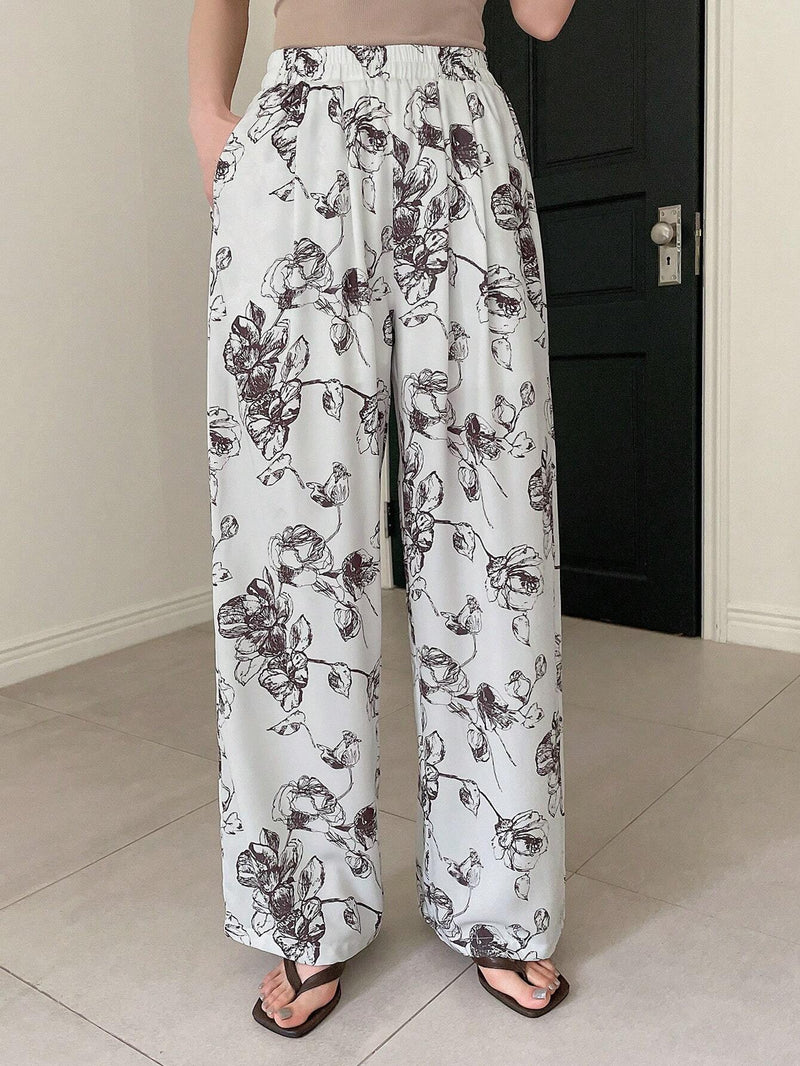 Dazy Designer Pantalones largos de sensacion de diseno floral al azar para mujer