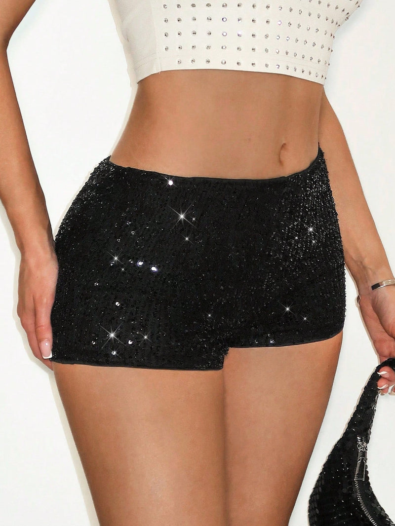 BAE Shorts negros brillantes con cuentas para mujer, mini shorts de lentejuelas, shorts cortos de verano